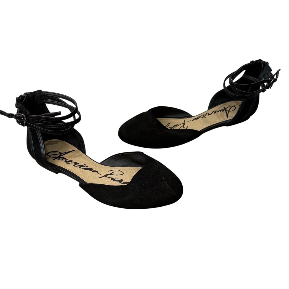 American Rag Womens Black Suede Ankle Strap dOrsay Flats Shoes Size 8 Zip Back